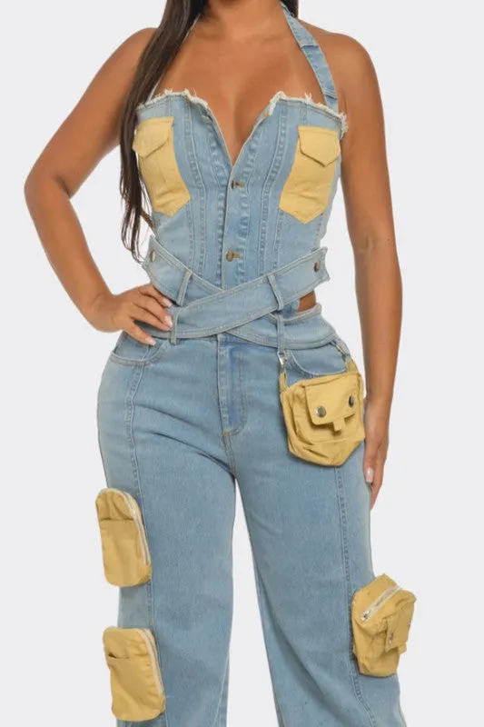Dual-Tone Denim Jumpsuit