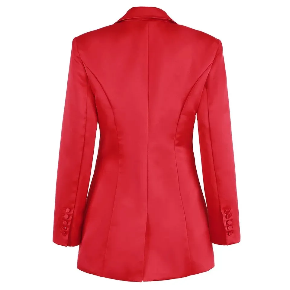 Red Satin Blazer Tops Shorts Set