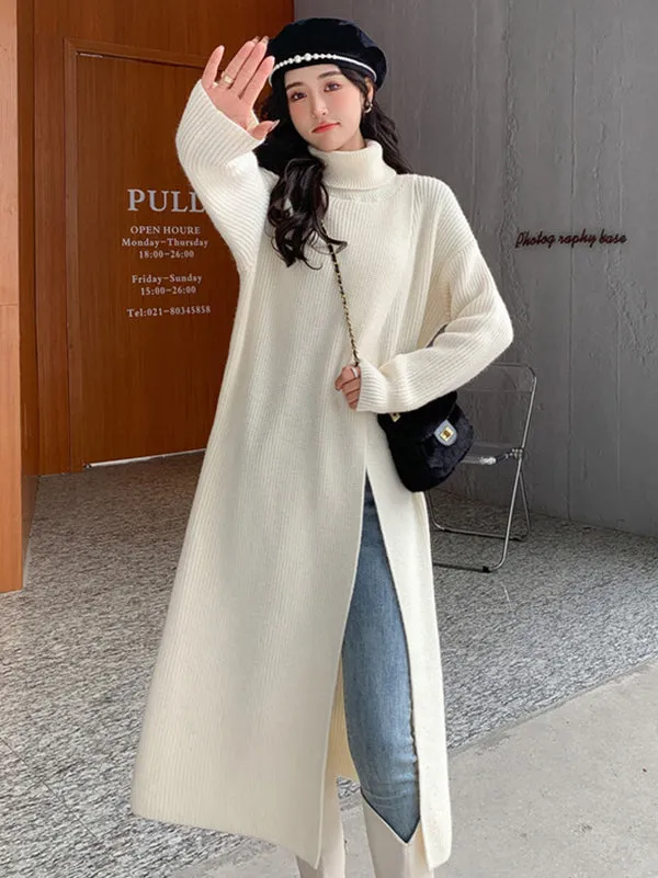 xakxx Stylish Long Sleeves Split-Front Solid Color High-Neck Sweater Tops